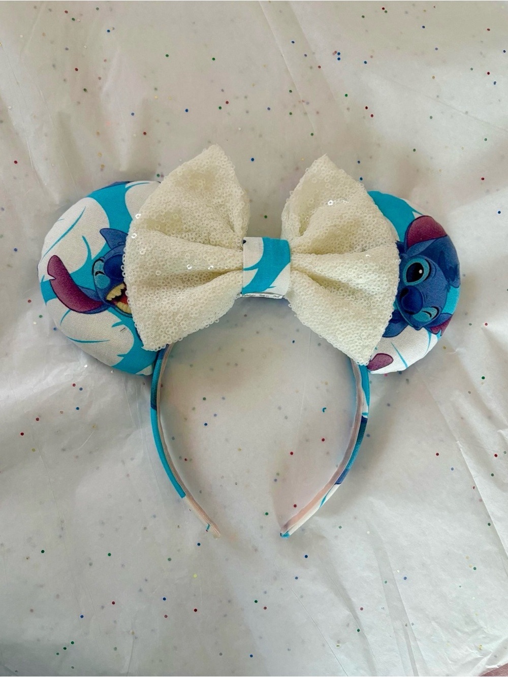 Disney Inspired Blue Stitch Print Minnie Ears Headband with Sequin Bow - NWOT